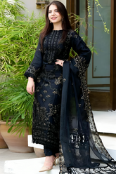 Black Linen 3PC Embroidered V102