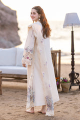 QALAMKAR -OFF WHITE 3PC LAWN EMBROIDERED SHIRT WITH ORGANZA CUTWORK EMBROIDERED DUPATTA AND TROUSER V455