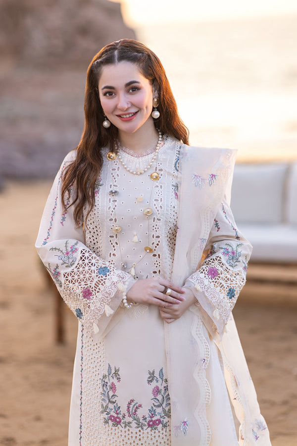 QALAMKAR - 3PC LAWN EMBROIDERED SHIRT WITH ORGANZA CUTWORK EMBROIDERED DUPATTA AND TROUSER V455