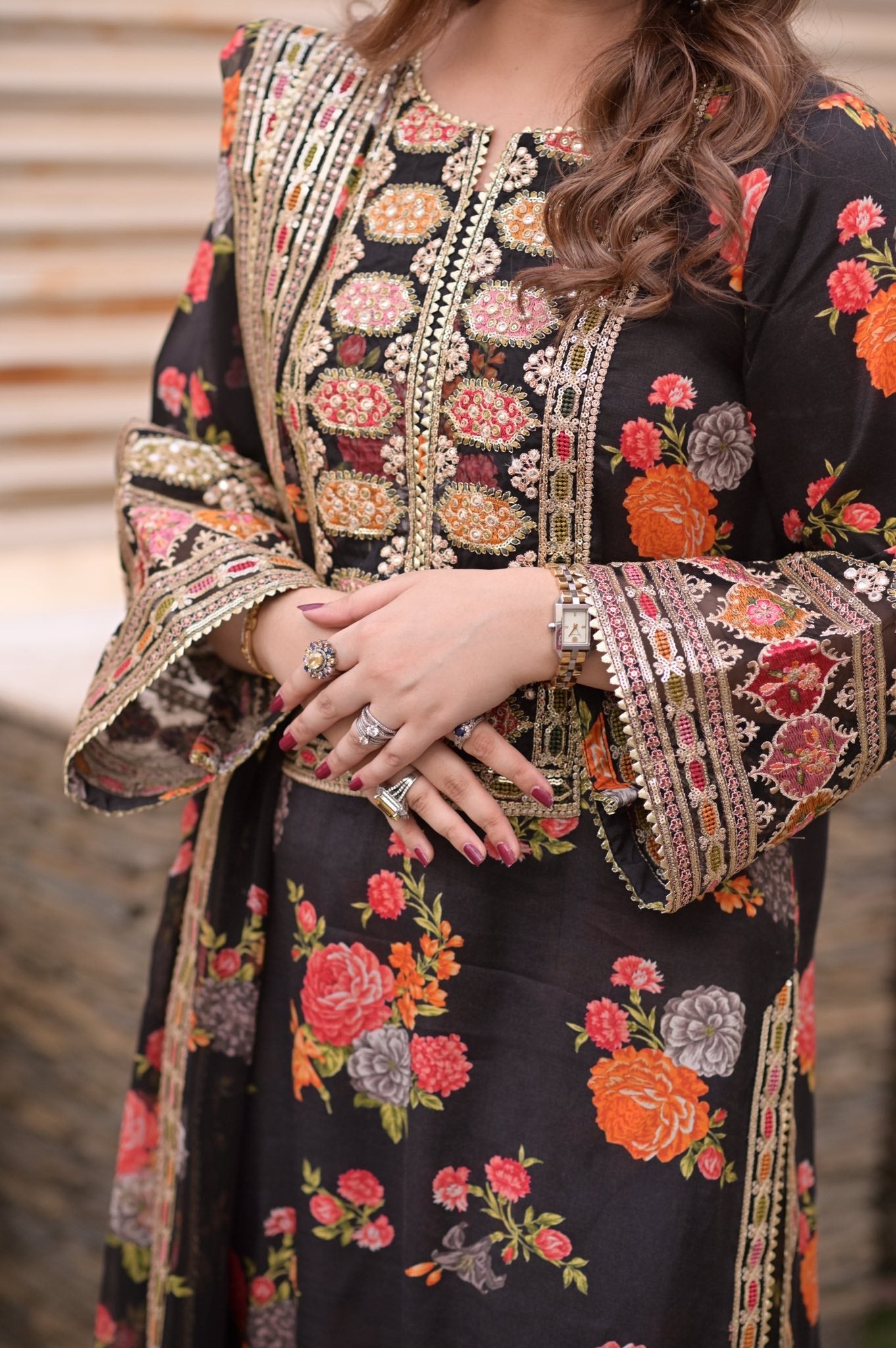 Aneelas Luxury Silk 3 Piece Unstitched Black V263
