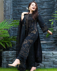 Black Linen 3PC Embroidered V102