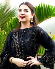 Black Linen 3PC Embroidered V102