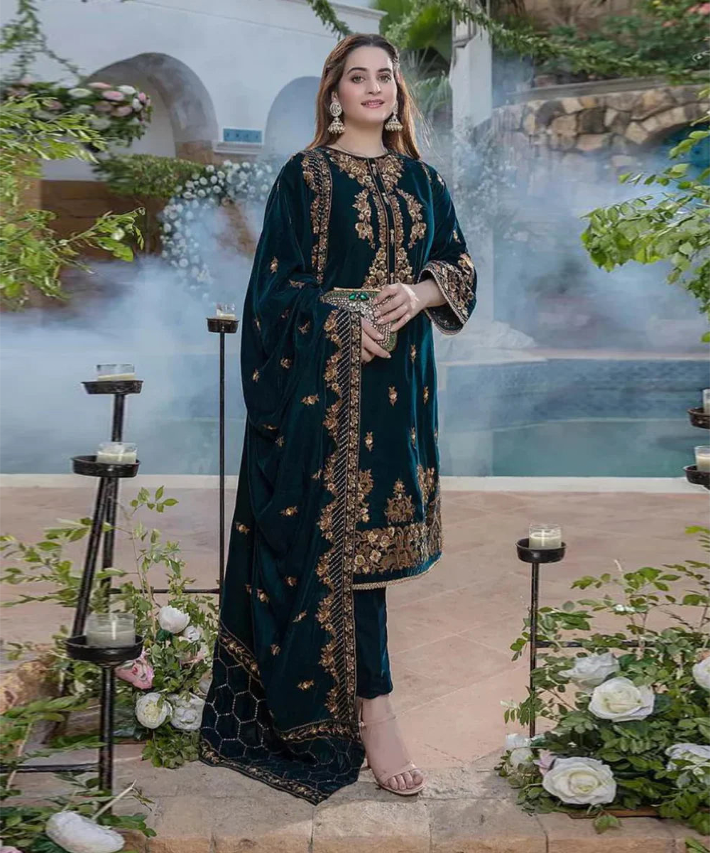 AZURE VELVET 3PC EMBROIDERED WITH VELVET EMBROIDERED DUPATTA-V265