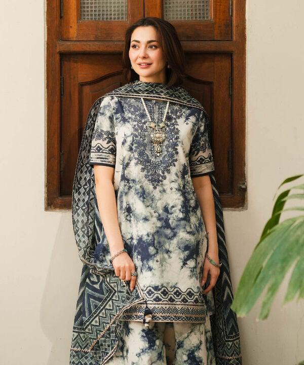 3PC-Printed Lawn Shirt With Voile Printed Dupatta V 1542