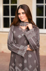 LIBAAS - 3PC DHANAK EMBROIDERED SHIRT WITH DHANAK EMBROIDERED SHAWL AND TROUSER - 681