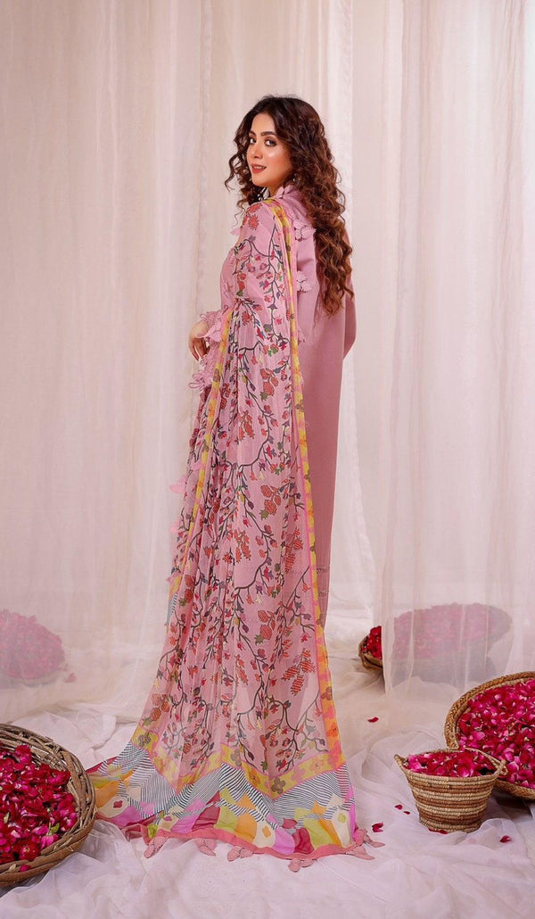 SAFWA Lawn 3PC Embroidered With Digital Printed Dupatta  V1041