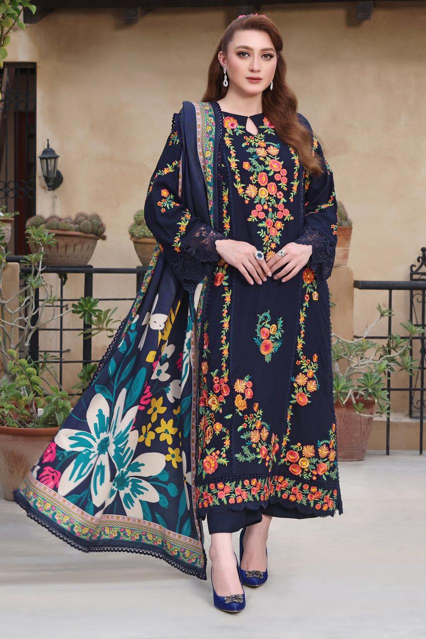 ASIM JOFA-3PC DHANAK EMBROIDERED SHIRT WITH COURTRAI PRINTED SHAWL & TROUSER  V676