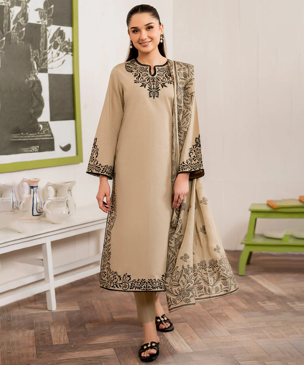 GARNET- 3PC DHANAK EMBROIDERED UNSTITCHED DRESS V221